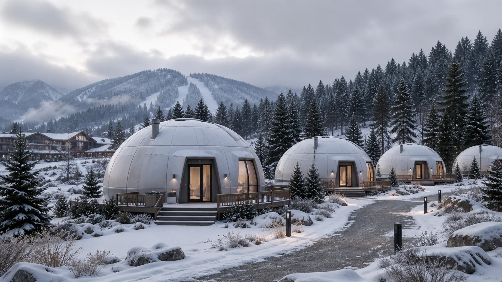Insulated EPS dome cabins in a cold-climate resort concept rendering