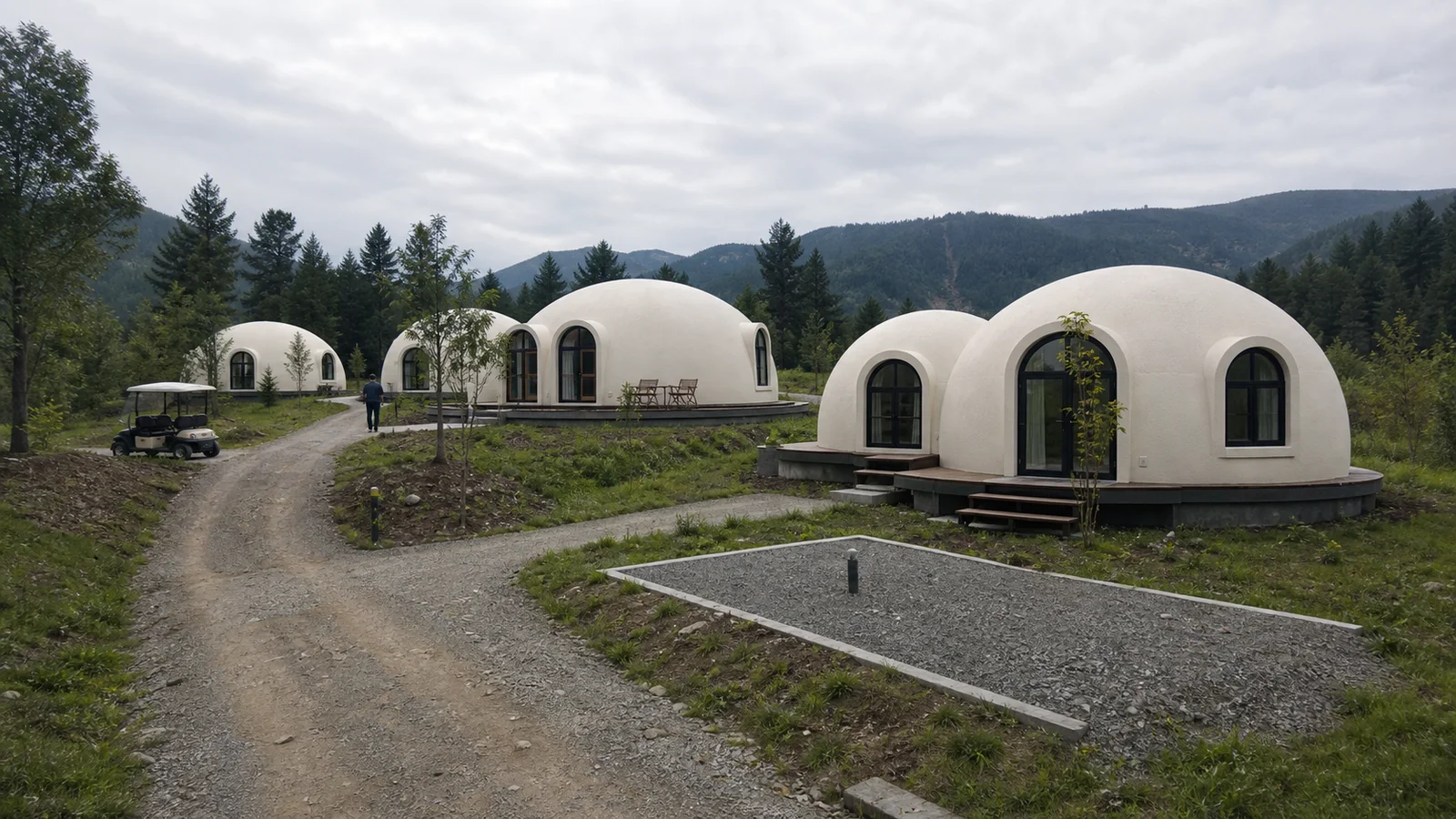 Documentary-style concept visual of multi-unit EPS dome cabins planned for a glamping resort