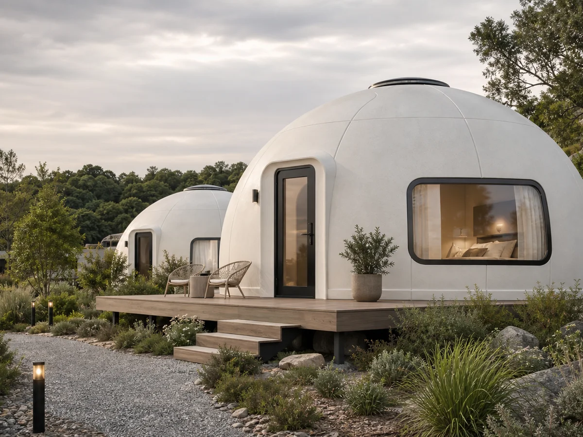 Concept rendering of off-white EPS modular dome cabins with deck and resort service path