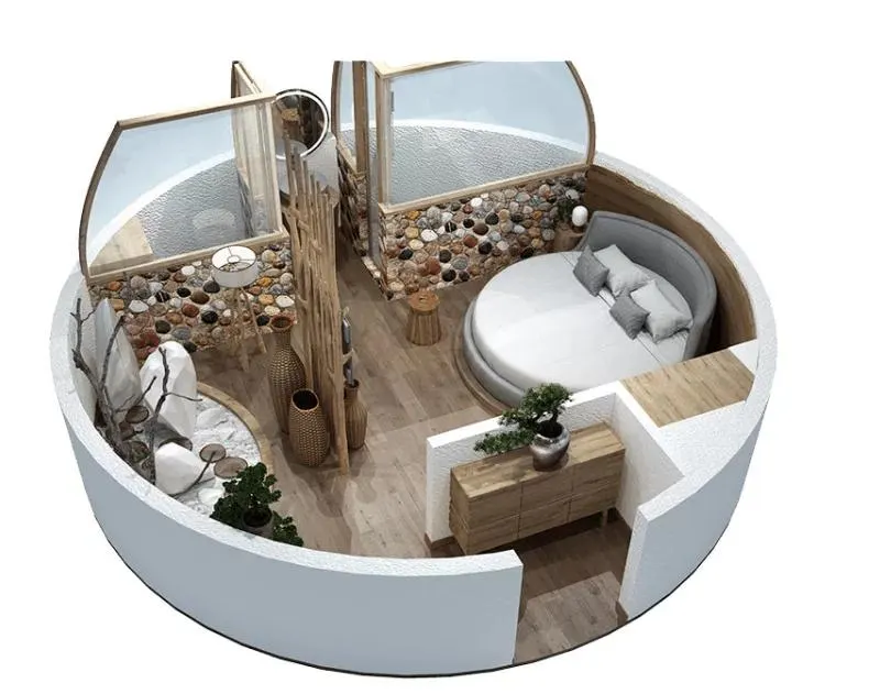 Cutaway rendering of a boutique round-bed Dome Series suite with glazed partitions