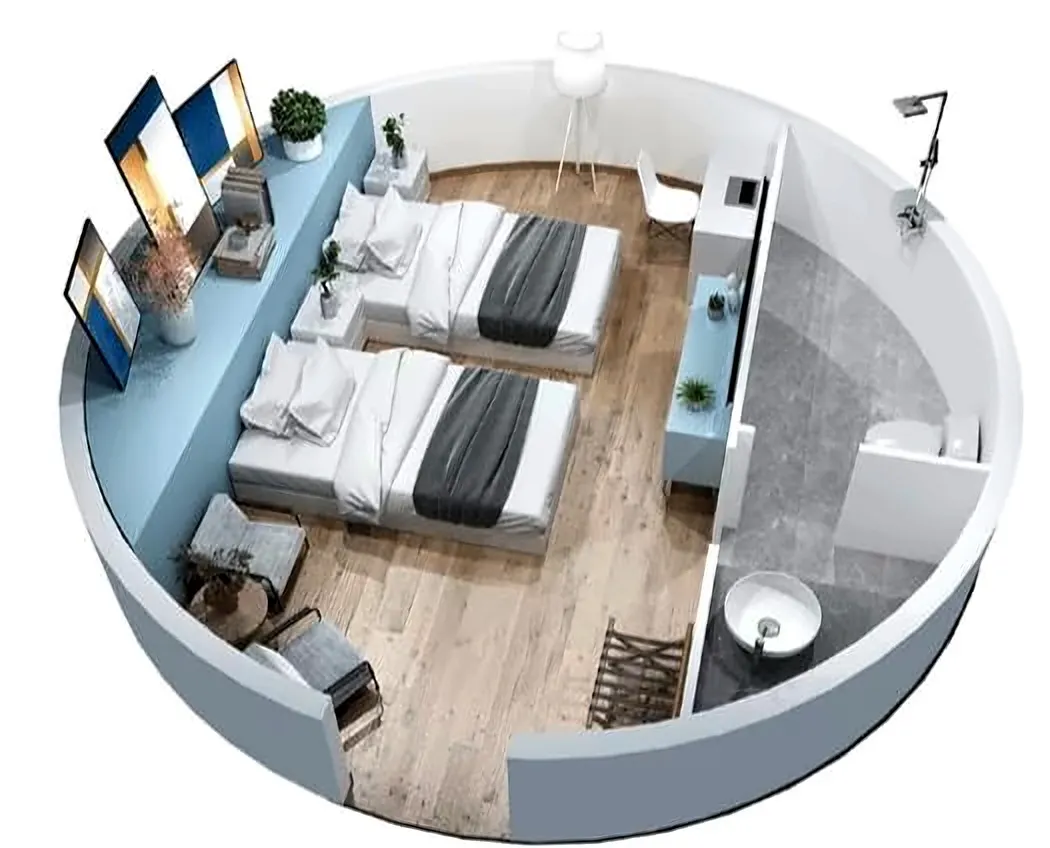 Cutaway rendering of a twin-room Dome Series layout with two single beds and a full bathroom