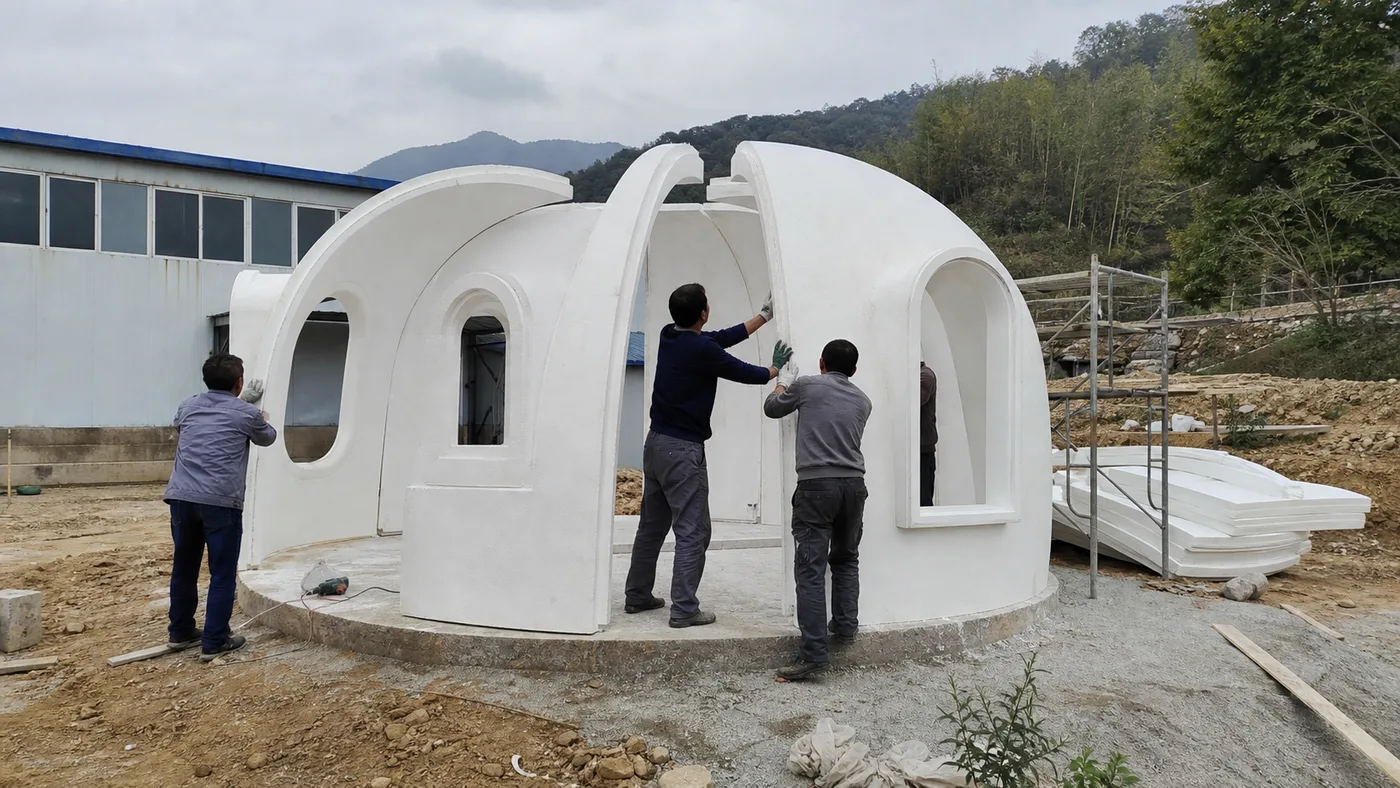 Reference visual of a small crew positioning thick EPS dome modules on a prepared foundation