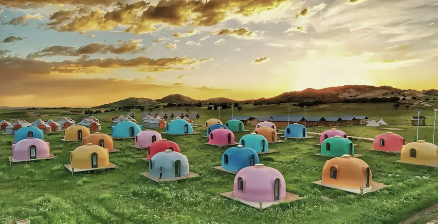 Aerial view of several dozen EPS dome units deployed across one grassland site