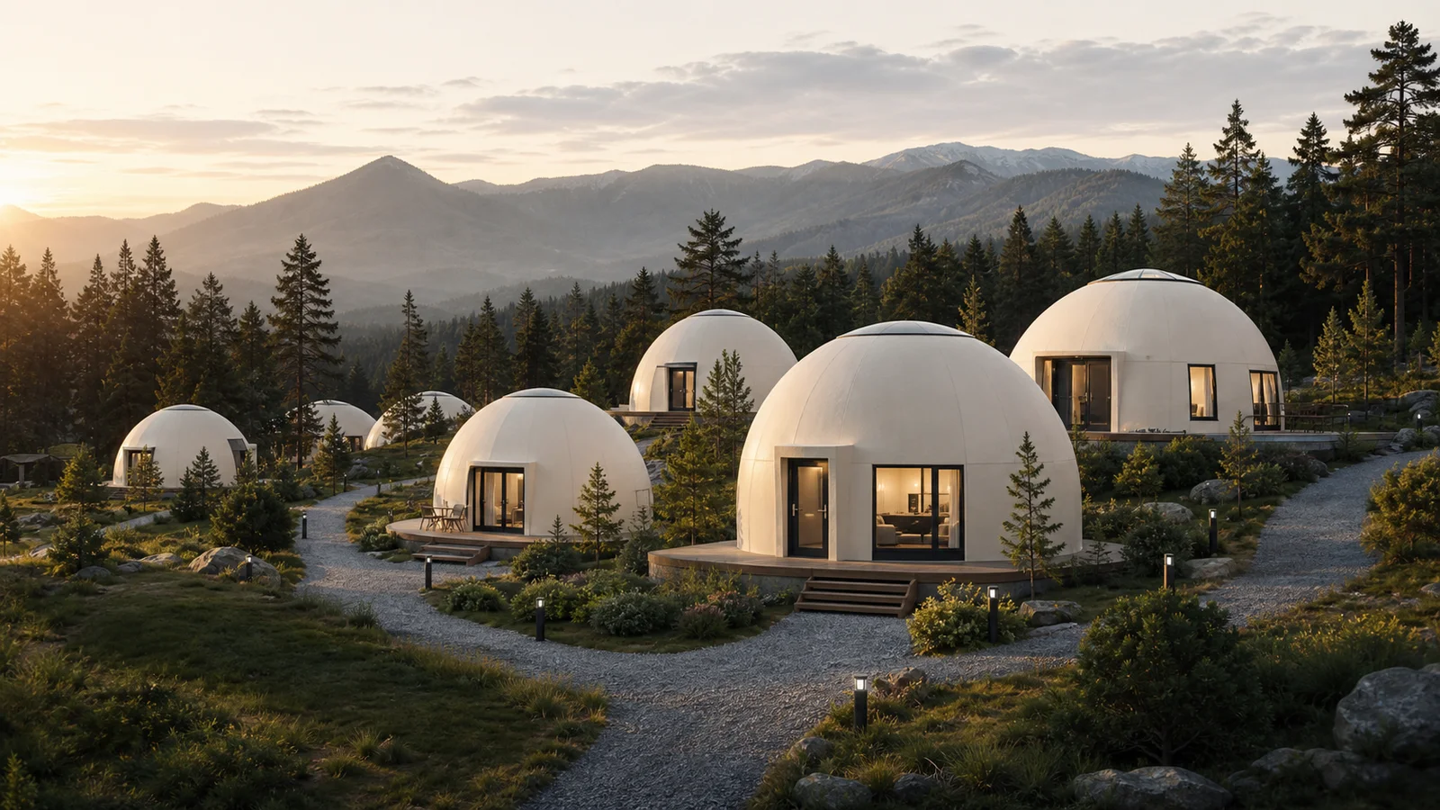 Cluster of EPS modular dome cabins planned for a mountain glamping resort, concept rendering